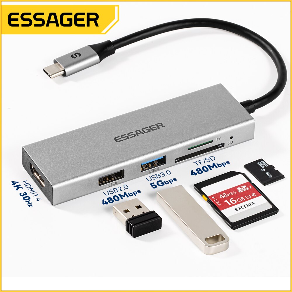 Essager 5 em 1 USB C HUB HDMI- - Hdmi Adapter Tablet avaliação e preço