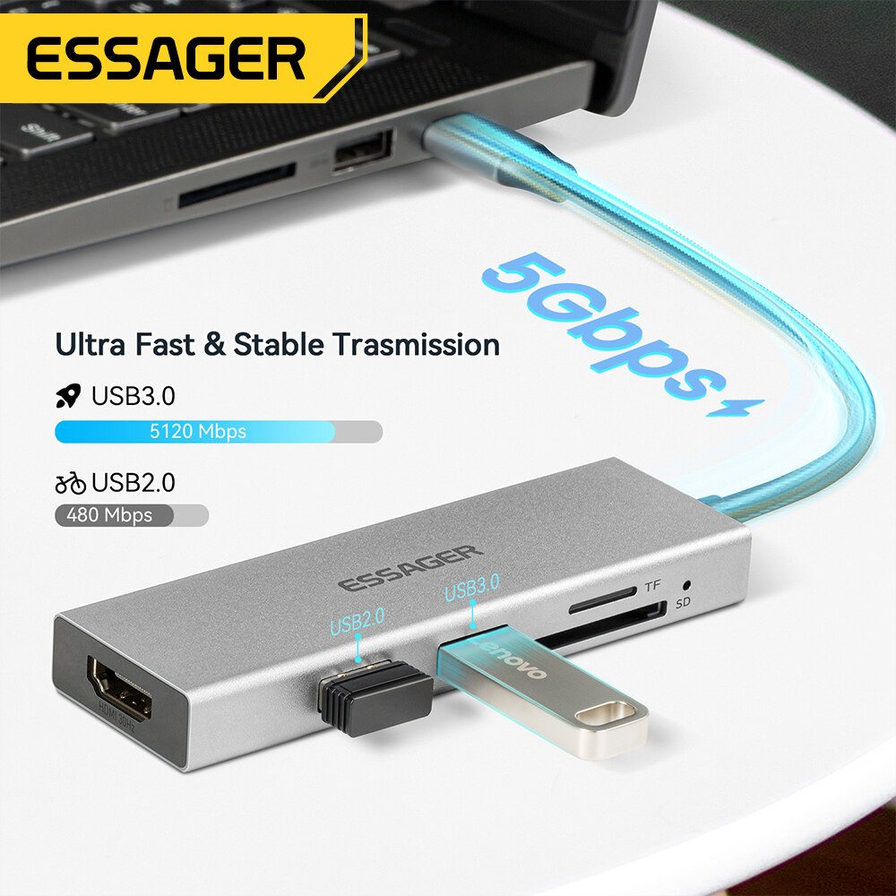 Essager 5 em 1 USB C HUB HDMI- - Hdmi Adapter Tablet avaliação e preço